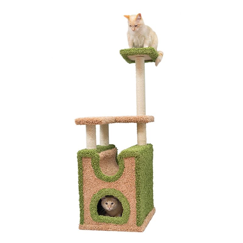 Когтеточка для кошек Foxie Комплекс с домиком и двумя площадками 51х42х122см бежево-зеленый ковролиновый