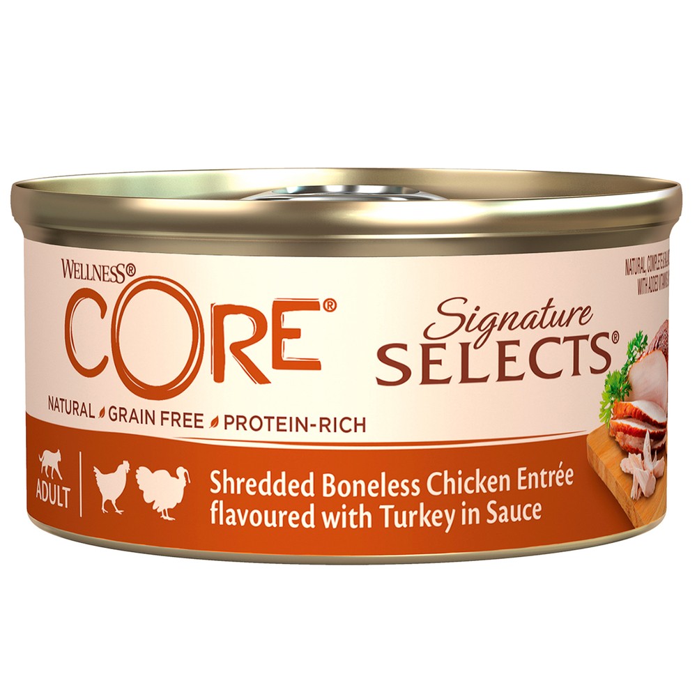 цена Корм для кошек CORE Signature Selects измельченное куриное филе с индейкой с соусе конс. 79г