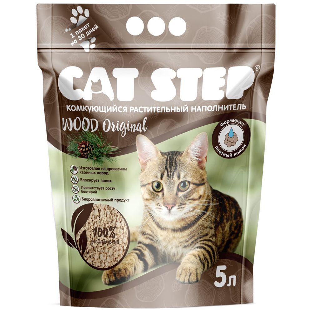 Наполнитель для кошачьего туалета CAT STEP Wood Original комкующийся растительный, 5л