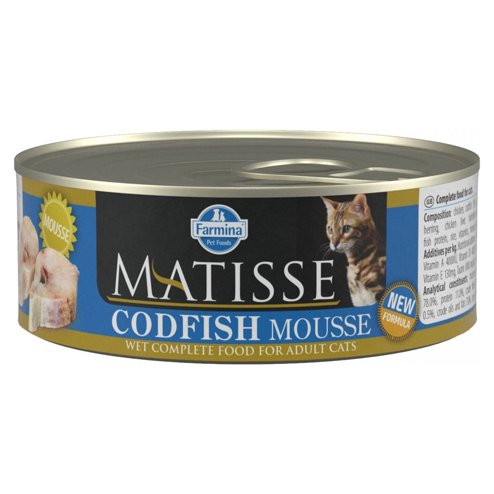 влажный корм farmina matisse codfish mousse для взрослых кошек мусс с треской 6 300 г Корм для кошек Farmina Matisse мусс с треской банка 85г