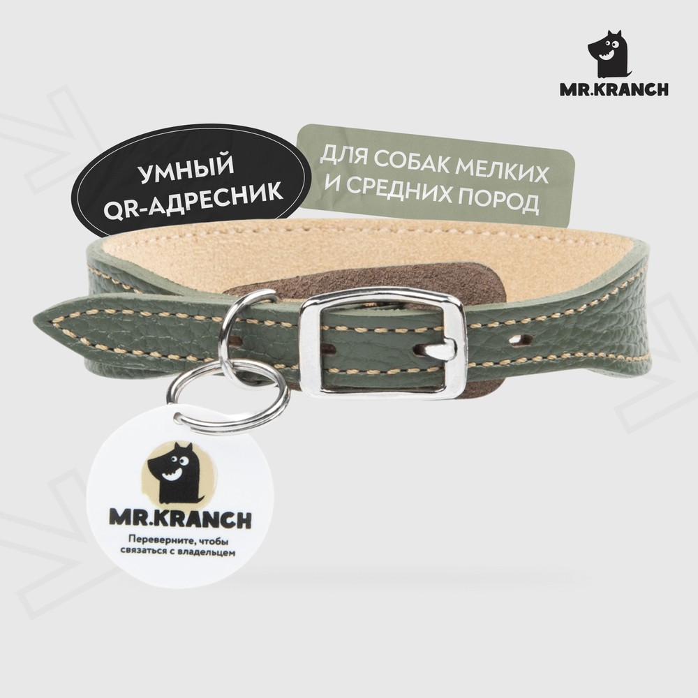 Ошейник для собак Mr.Kranch из натуральной кожи с QR-адресником, оливковый 38-45см