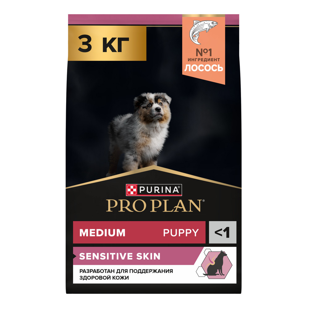 Корм для щенков Pro Plan Opti derma для средних пород с чувствительной кожей, с лососем сух. 3кг