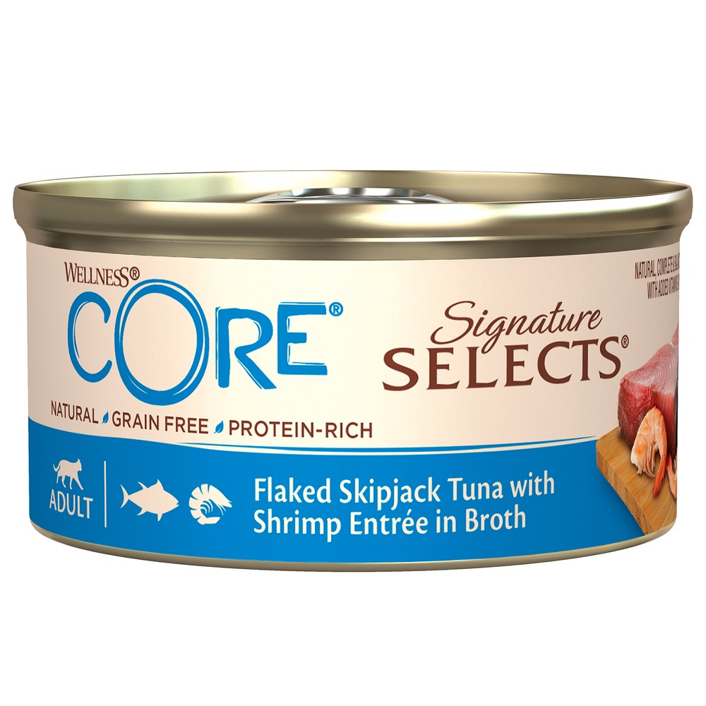 цена Корм для кошек CORE Signature Selects рубленный тунец с креветками в бульоне конс. 79г