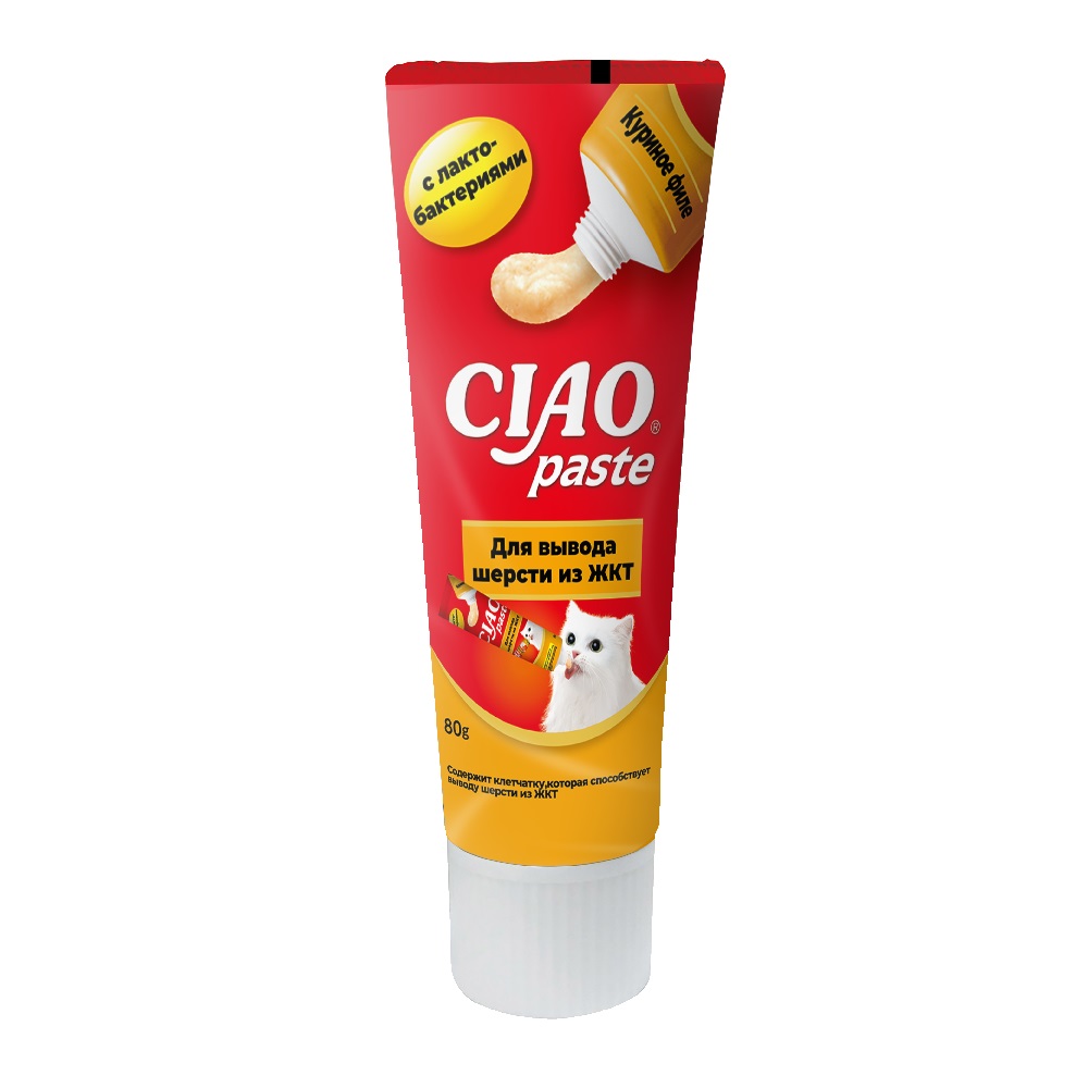 Паста для кошек INABA Ciao для вывода шерсти из ЖКТ, куриное филе 80г