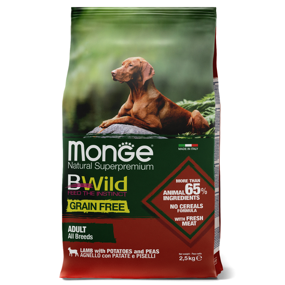 Корм для собак Monge Dog BWild Grain Free мясо ягненка с картофелем сух 25кг 4000₽