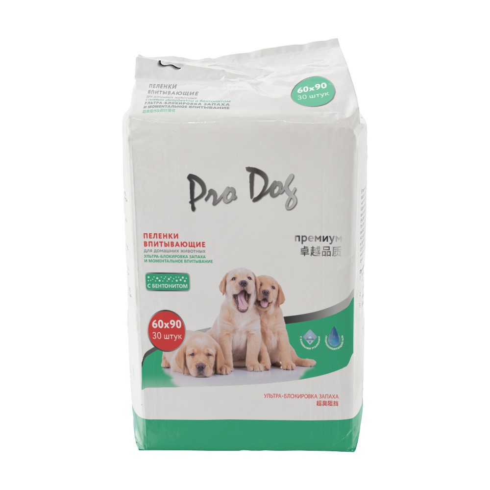 Пеленки впитывающие PRO DOG Bento 60х90см 30шт c гелем, бентонитом и клеев. уголками