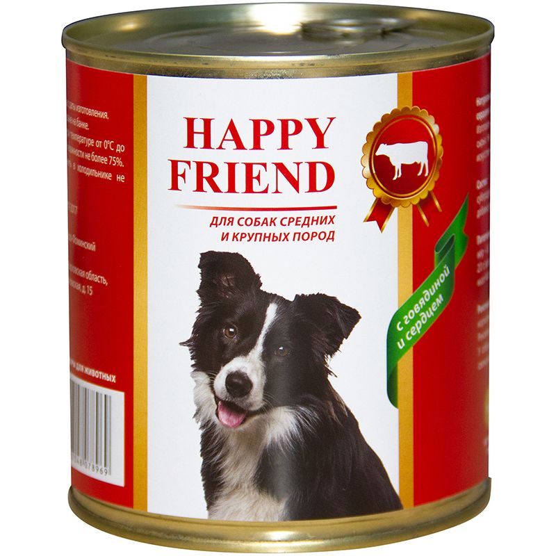 Корм для собак HAPPY FRIEND для средних и крупных пород с говядиной и сердцем банка 750г корм для собак happy friend с говядиной и сердцем банка 410г
