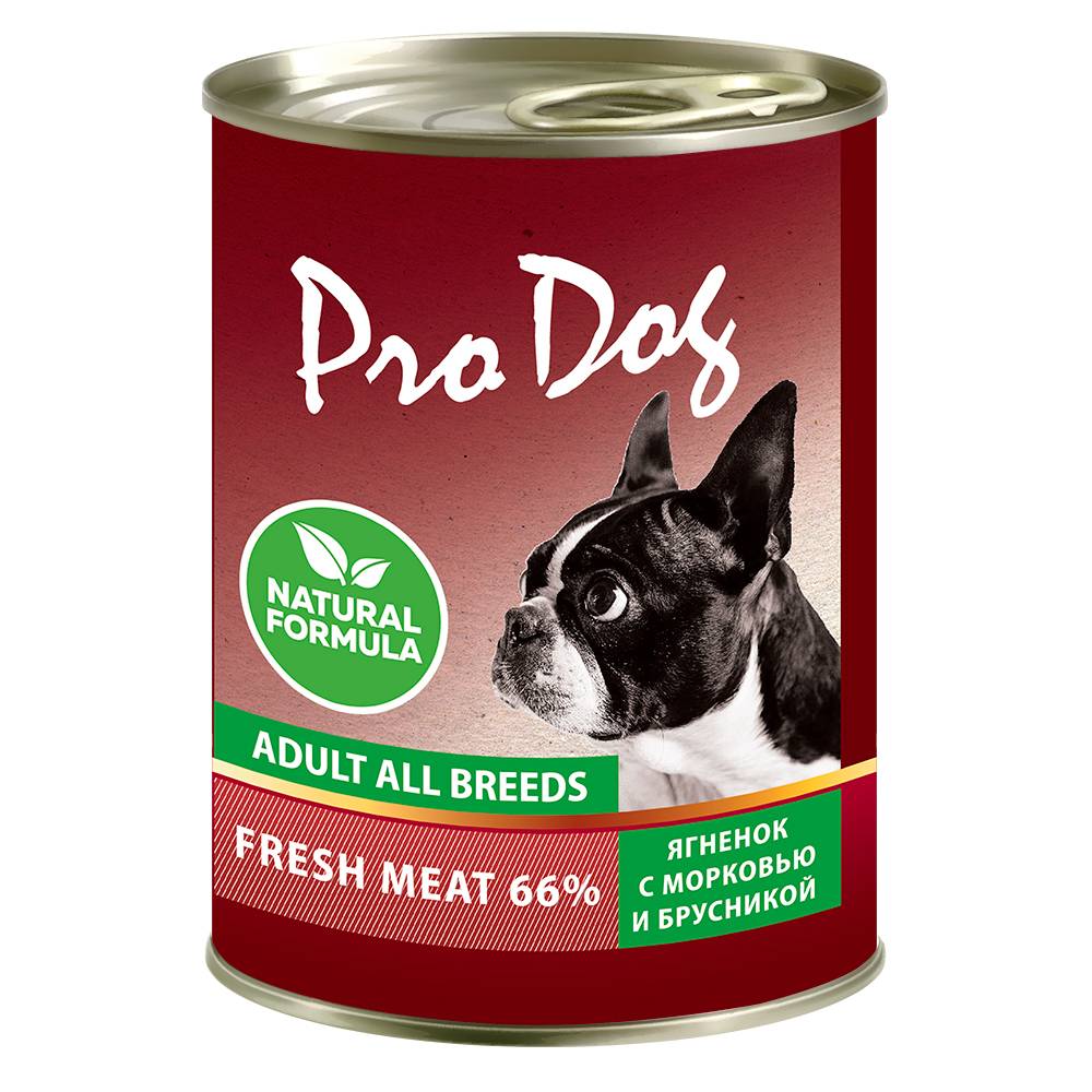 цена Корм для собак PRO DOG ягненок, морковь, брусника банка 400г