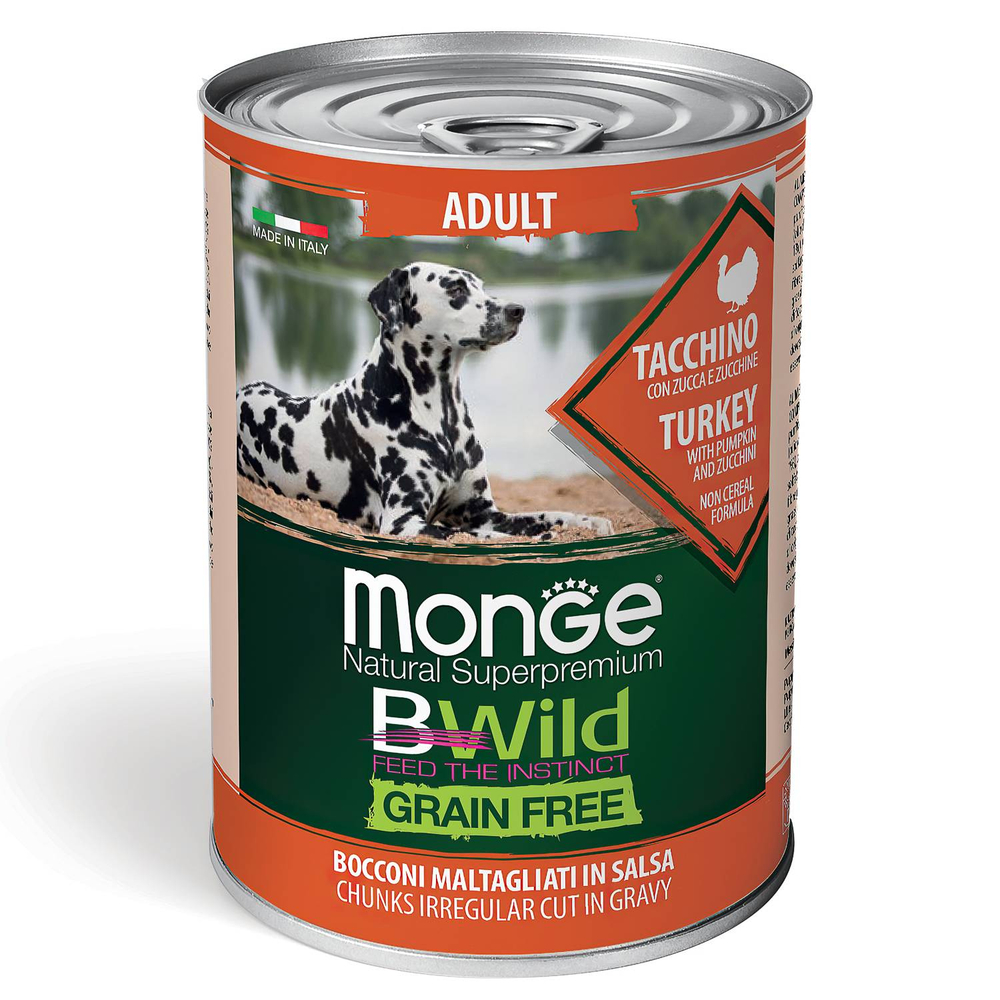 Корм для собак Monge Dog BWild Grain Free индейка с тыквой и кабачками банка 400г 390₽
