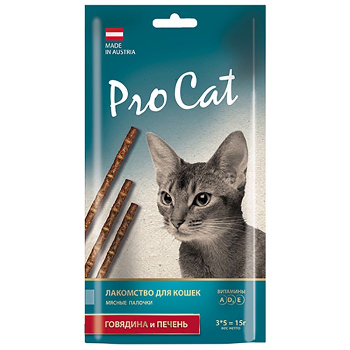 цена Лакомство для кошек Pro Cat Лакомые палочки с говядиной и печенью 13,5 см. (3 шт.х 5 г.) 15 г.