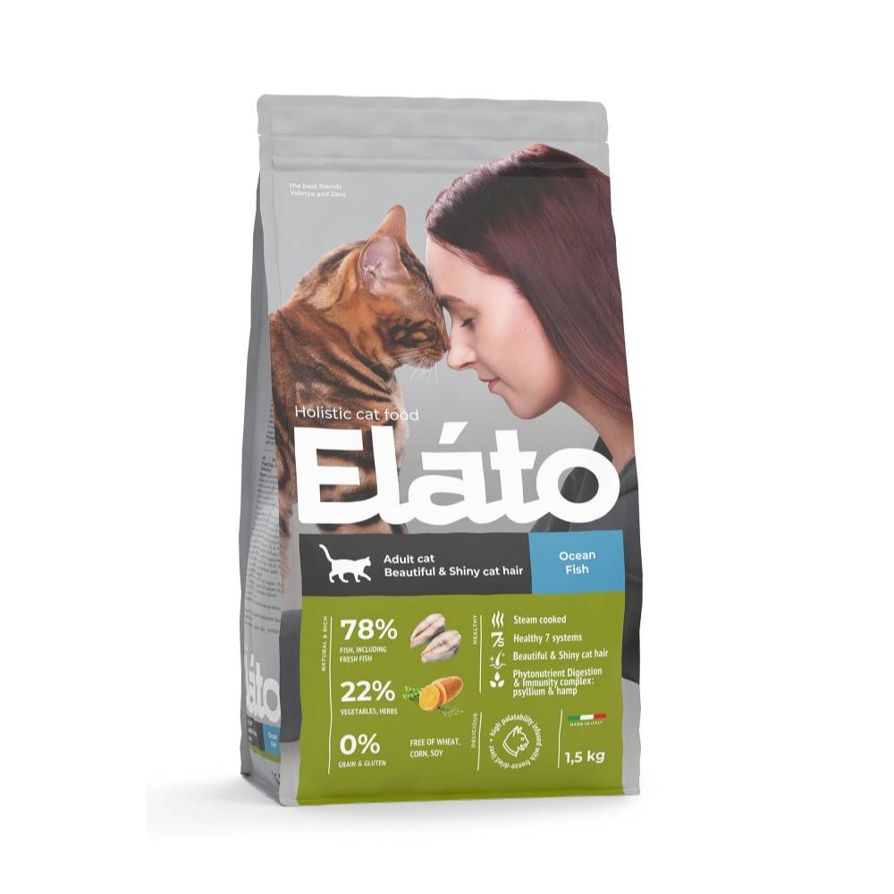 Корм для кошек Elato Holistic для красивой и блестящей шерсти, рыба сух. 1,5кг корм для котят elato holistic курица утка сух 1 5кг