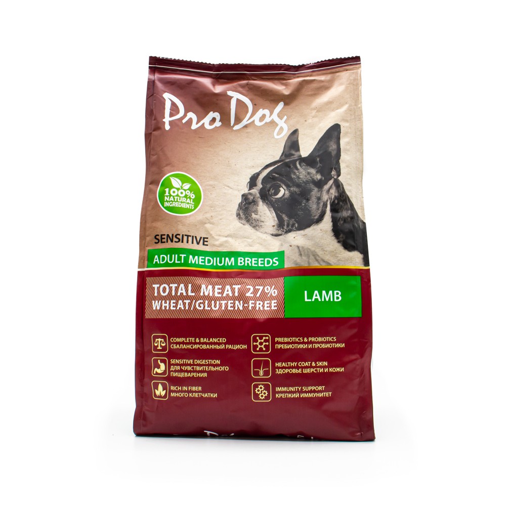 Корм для собак PRO DOG для средних пород с чувствительным пищеварением, ягненок сух. 12кг корм для собак pro dog для мелких пород с чувствительным пищеварением ягненок сух 500г