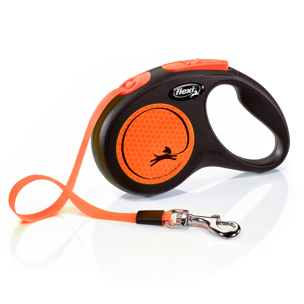 Рулетка для собак Flexi Neon New S (до 15кг) лента 5м, светоотражающая, оранжевый неон