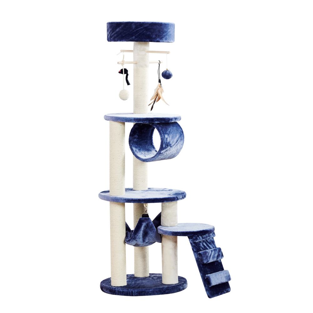 Когтеточка для кошек Foxie трехуровневая с гамаком, лесенкой и игрушками 40х40х125см синяя