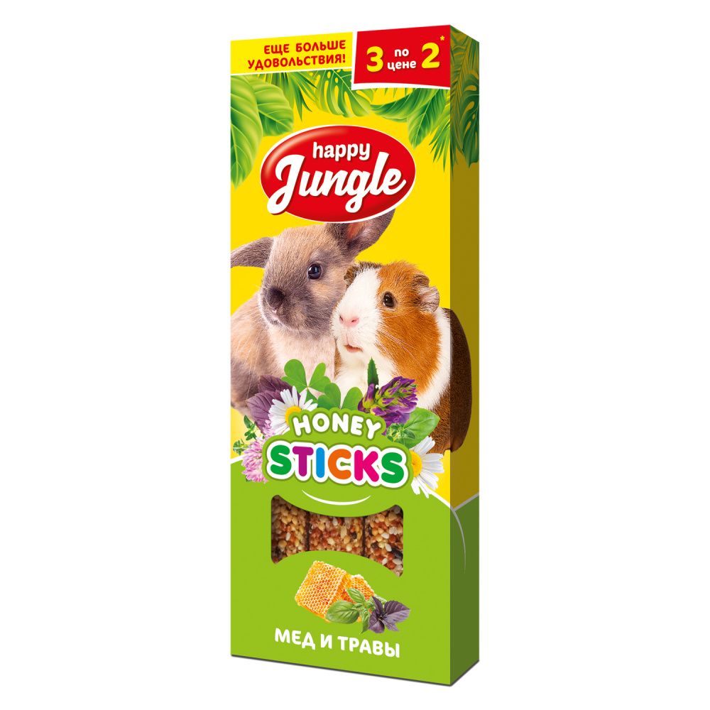 Лакомство для грызунов HAPPY JUNGLE Палочки для крупных грызунов мед+травы 3шт.