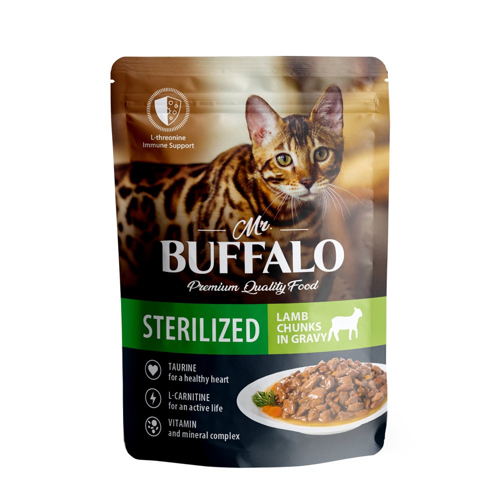 цена Корм для кошек Mr.Buffalo Sterilized ягненок в соусе пауч 85г