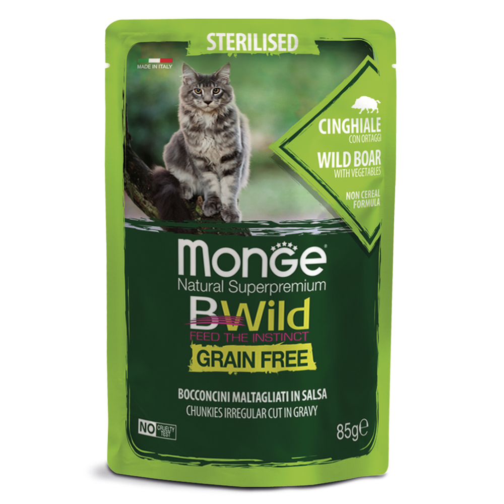 Корм для кошек Monge BWild Grain Free для стерилизованных мясо дикого кабана с овощами пауч 85г 138₽