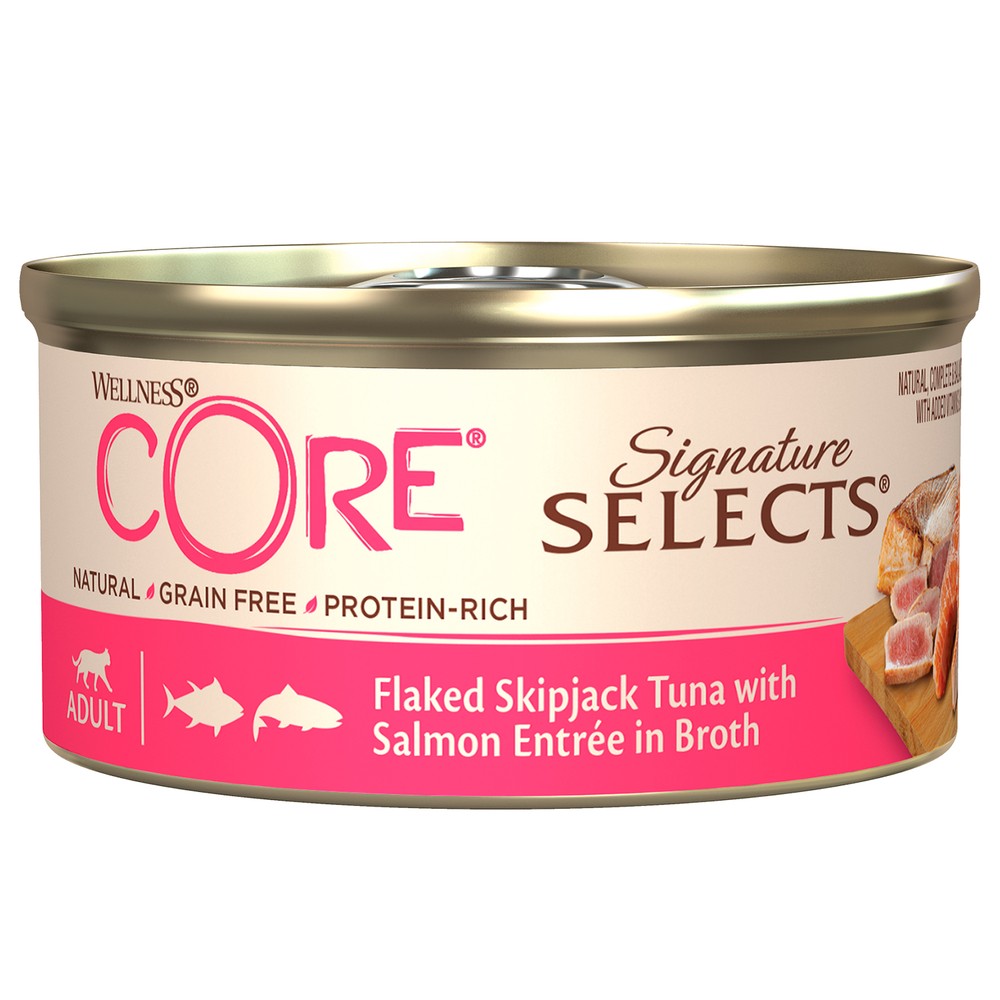 цена Корм для кошек CORE Signature Selects рубленный тунец с лососем в бульоне конс. 79г