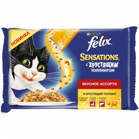 Корм для кошек FELIX Sensations с хрустящей начинкой, мясо пауч 3х85г + топпинг НАБОР