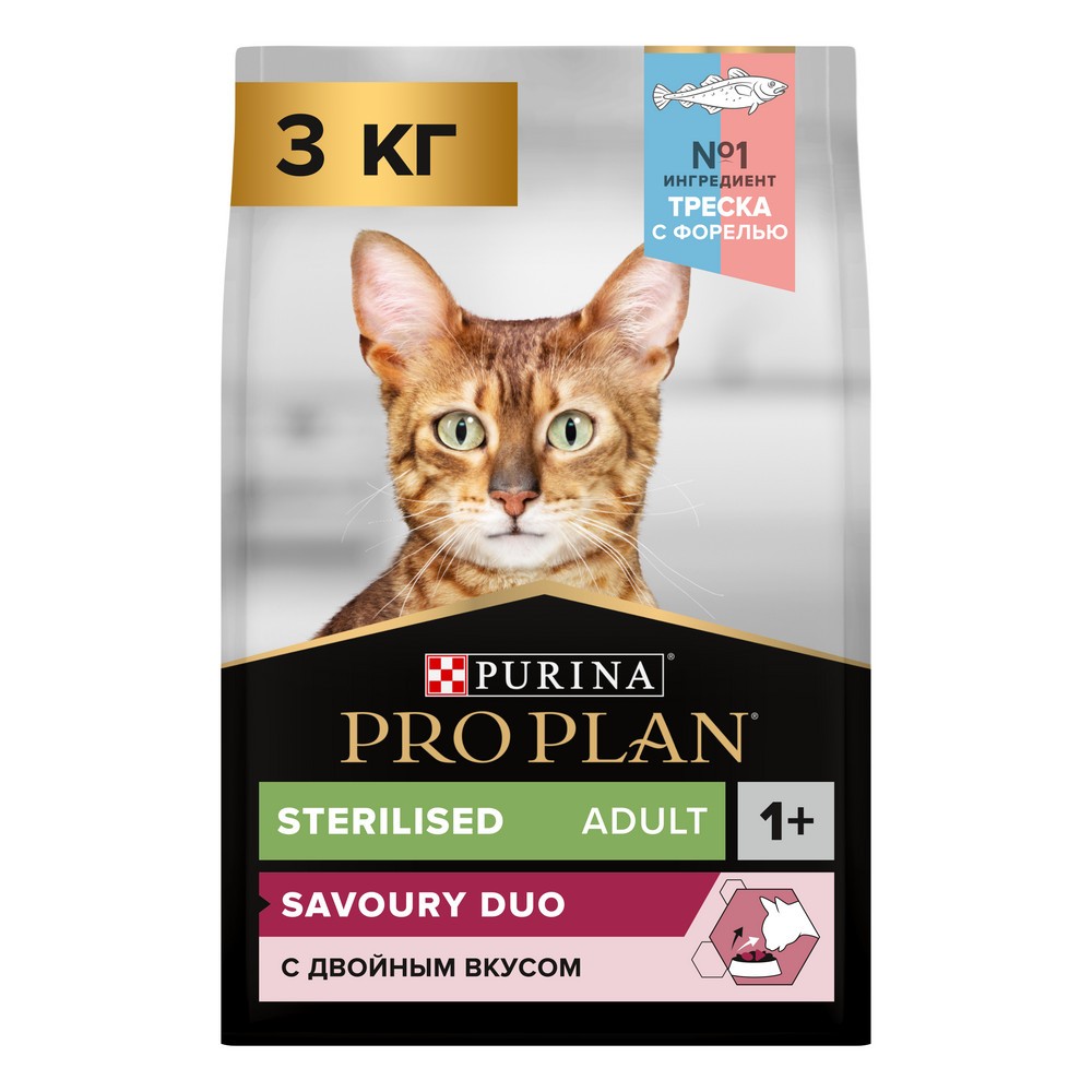 Корм для кошек Pro Plan Sterilised для стерилизованных, с треской и форелью сух. 3кг корм для стерилизованных кошек brit воздушный паштет с форелью 100 г