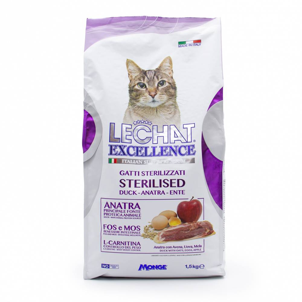 Корм для кошек LECHAT EXCELLENCE Sterilised для стерилизованных, утка, овес, яйца, яблоки сух. 1,5кг