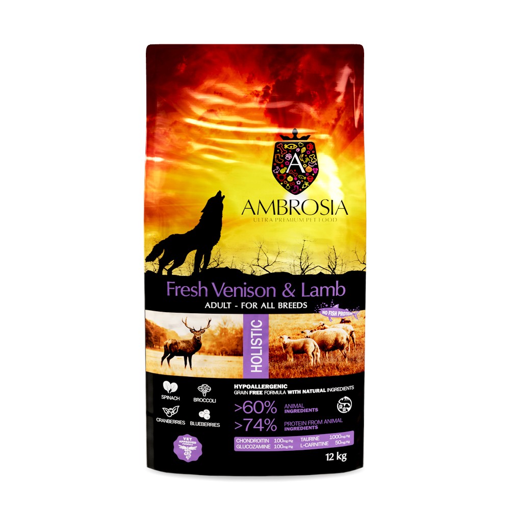 Корм для собак AMBROSIA Grain Free беззерновой для всех пород, со свежей олениной и мясом ягненка 12кг