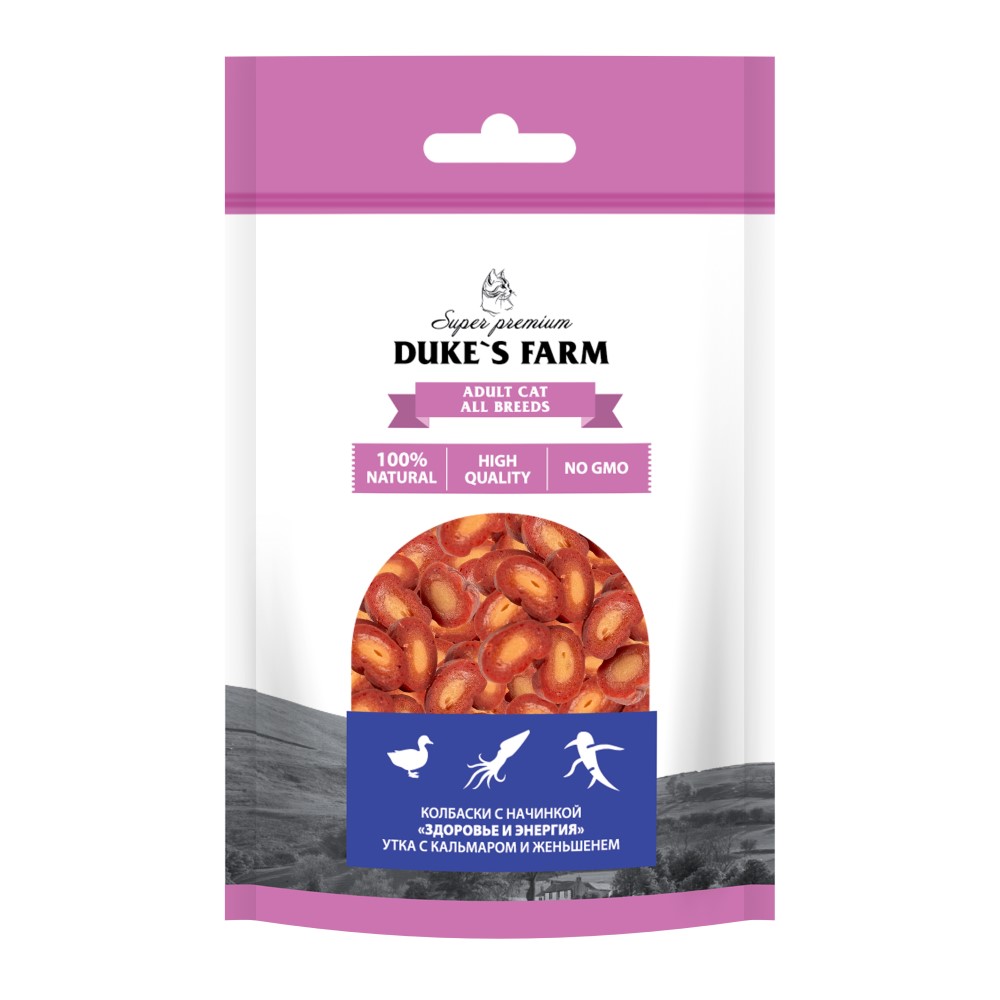 Лакомство для кошек DUKE'S FARM Колбаски Здоровье и энергия, утка с кальмаром и женьшенем 40г