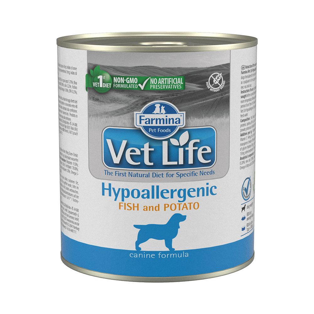 Корм для собак Farmina Vet Life Hypoallergenic при аллергиях, рыба с картофелем паштет банка 300г корм для кошек farmina vet life gastrointestinal при заболеваниях жкт паштет банка 85г