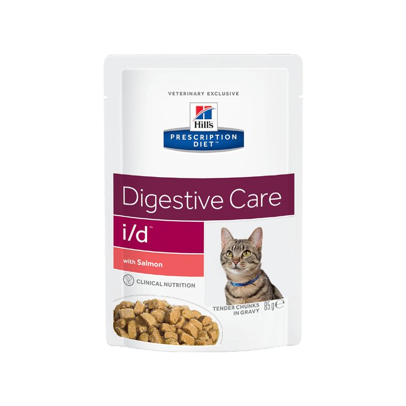 Корм для кошек Hill's Prescription Diet Feline I/D при заболеваниях ЖКТ, лосось пауч 85г hills prescription diet l d для собак при заболеваниях печени диетический 10 кг