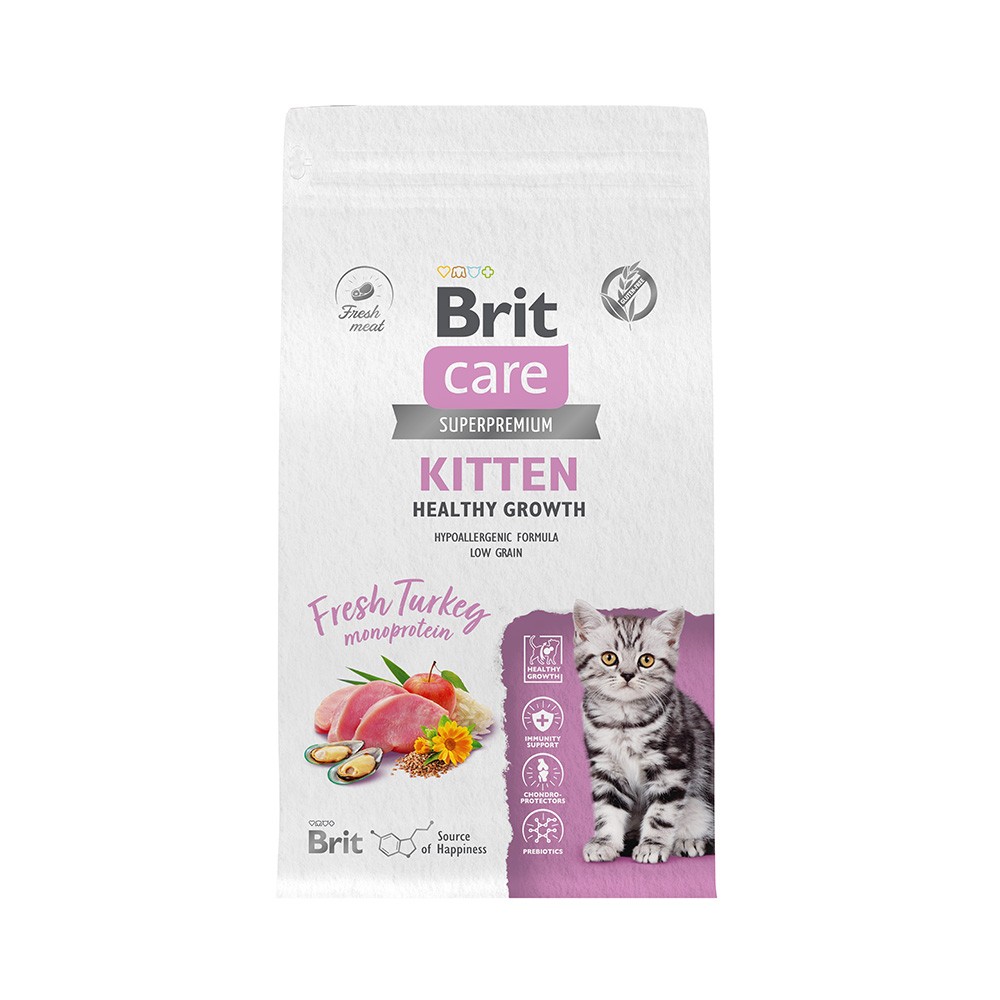 Корм для котят, беременных и кормящих кошек Brit Care Healthy Growth индейка сух. 1,5кг