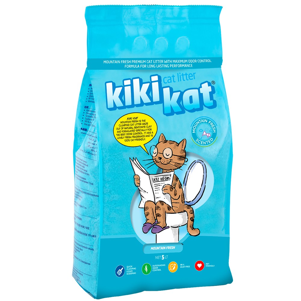 Наполнитель для кошачьего туалета KIKIKAT с ароматом Горная свежесть комкующийся 5л наполнитель для кошачьего туалета kikikat комкующийся супер белый 10л