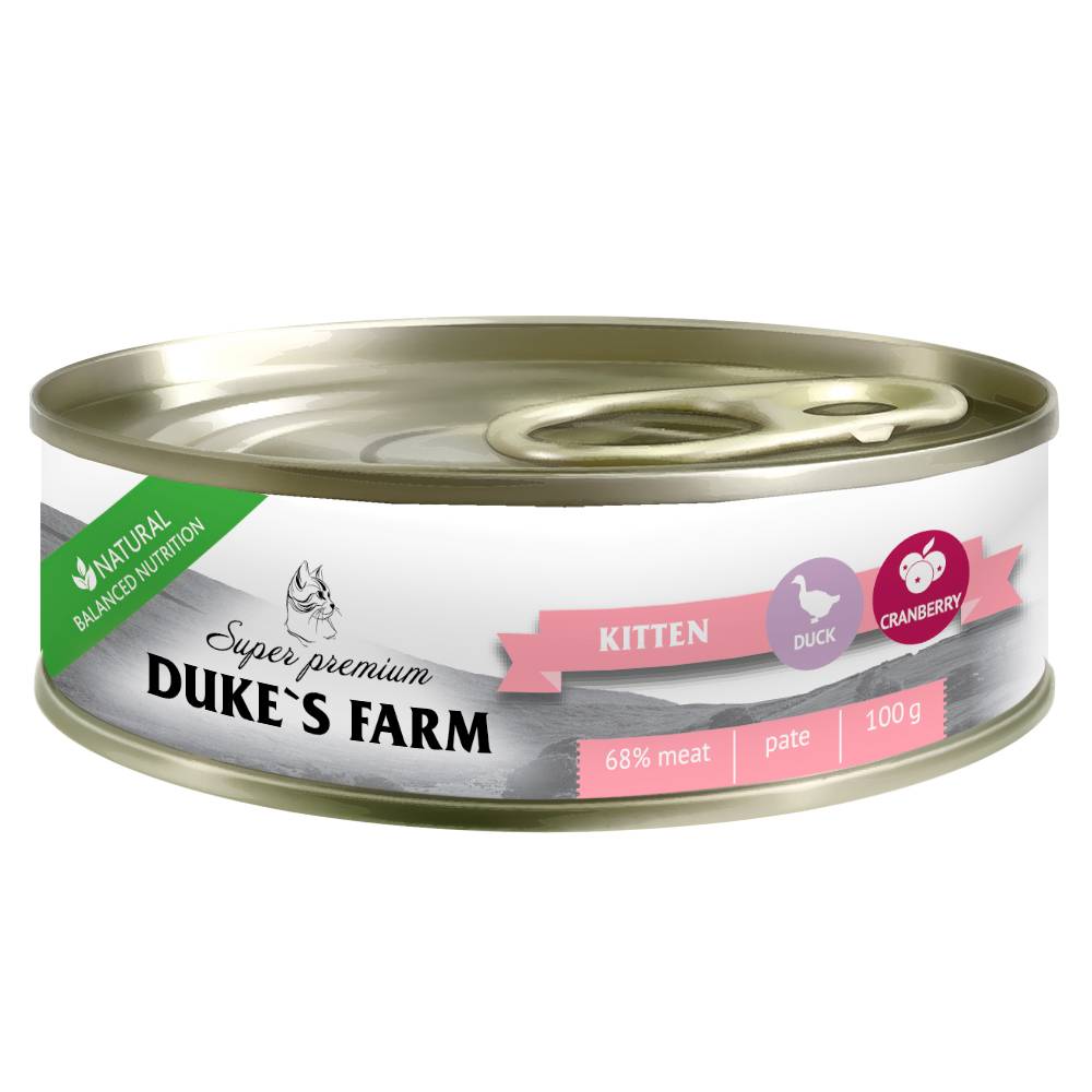 Корм для котят DUKE'S FARM из утки с клюквой и шпинатом 100г корм для стерилизованных кошек duke s farm из ягненка с брусникой и шпинатом 100г