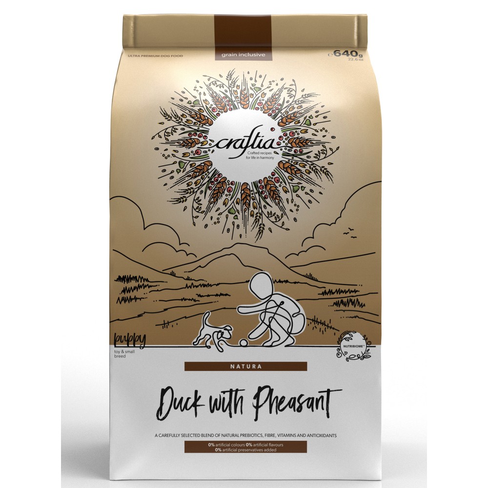 Корм для щенков CRAFTIA Natura для миниатюрных и мелких пород, утка с фазаном сух. 640г