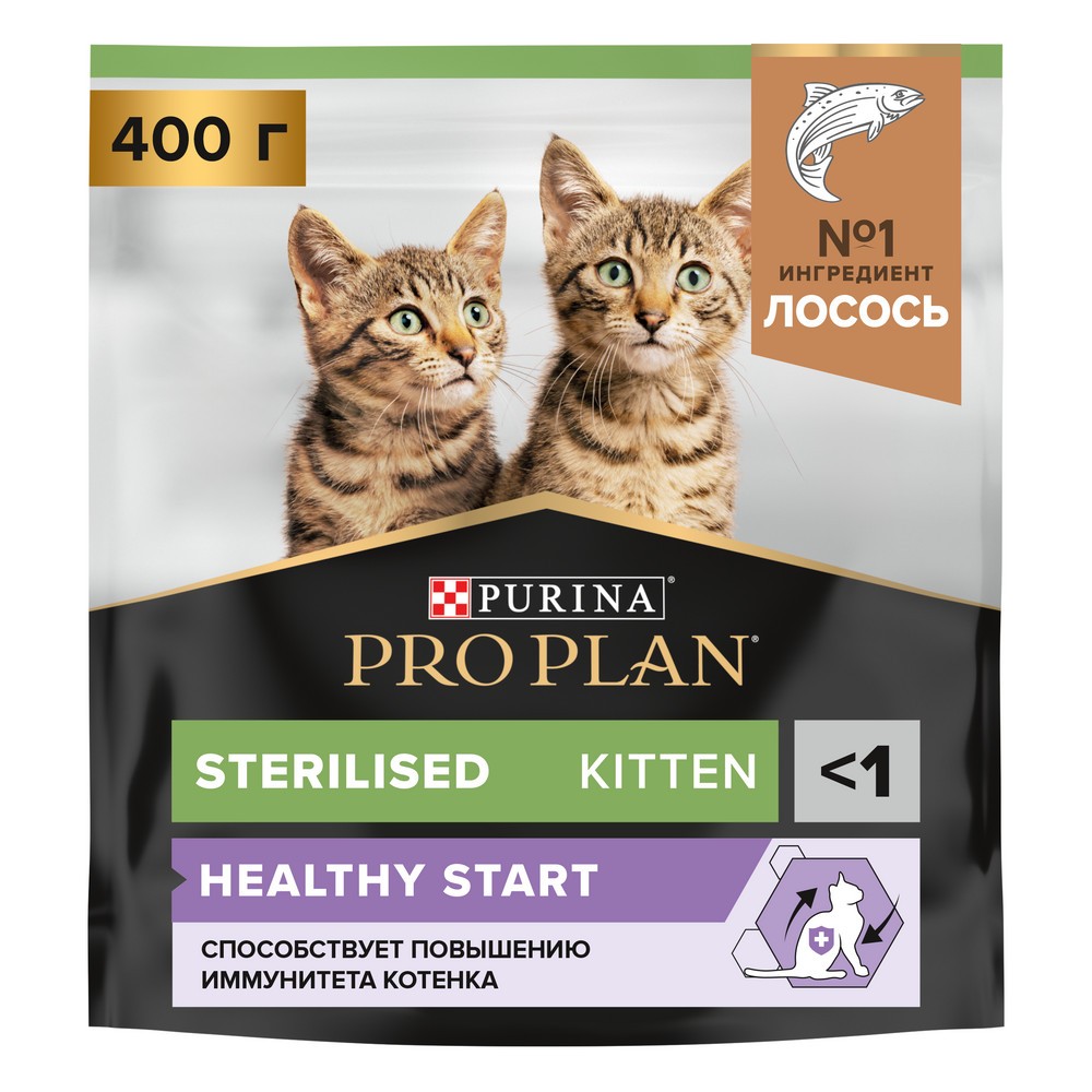Корм для котят Pro Plan для стерилизованных, лосось сух. 400г корм для кошек pro plan для стерилизованных кролик сух 1 5кг 400г промо