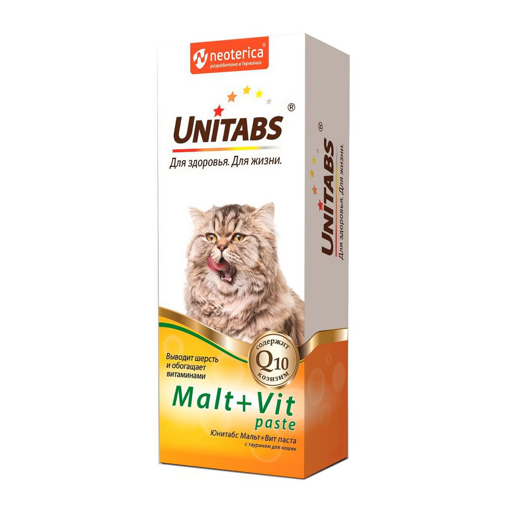 Паста UNITABS Malt+Vit для вывода шерсти с таурином у кошек, 120мл unitabs юнитабс биотин плюс паста для кошек 120 мл