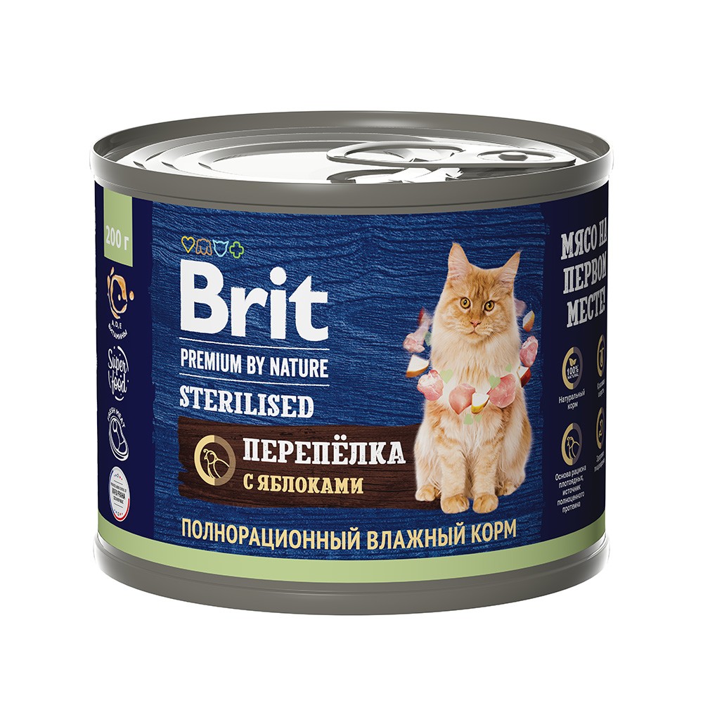 Корм для кошек Brit Premium by Nature для стерилизованных, мясо перепёлки с яблоками банка 200г
