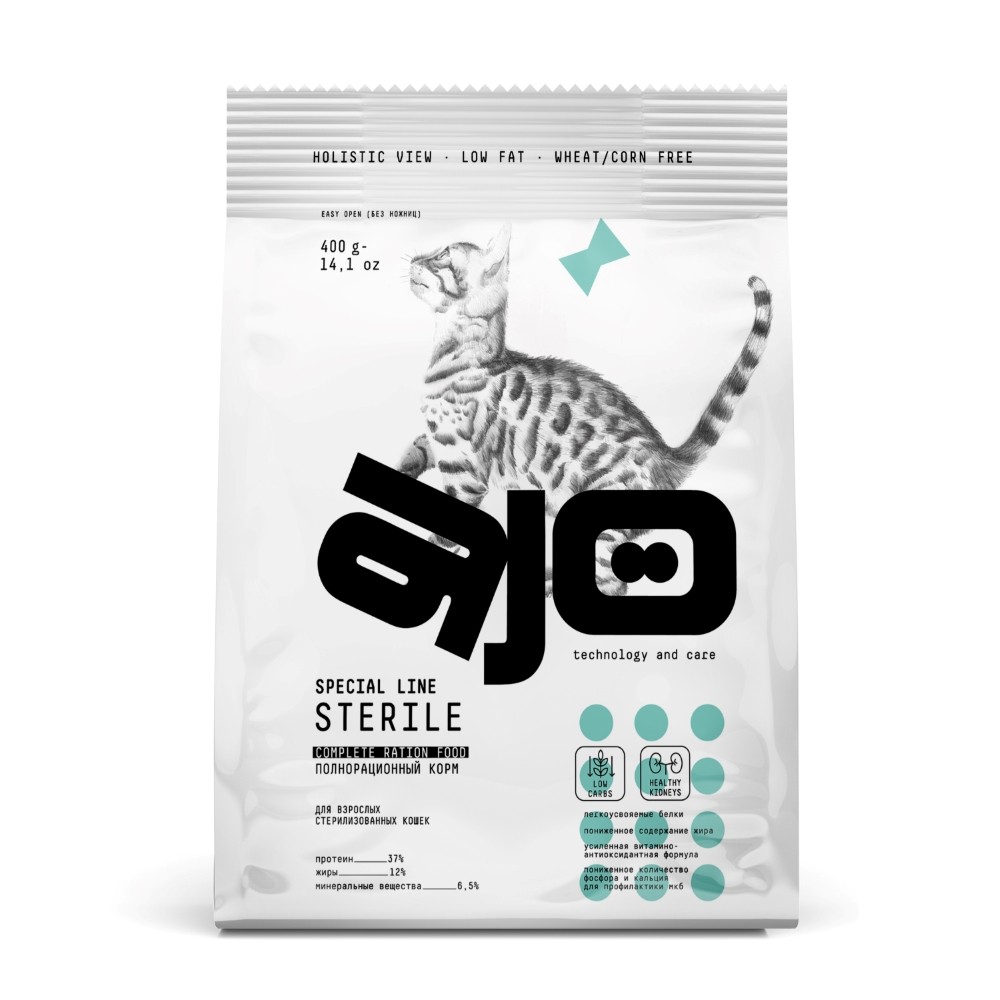 цена Корм для кошек AJO Cat Sterile для актив.и стерилиз., с высоким сод.белка, индейка с уткой сух. 400г