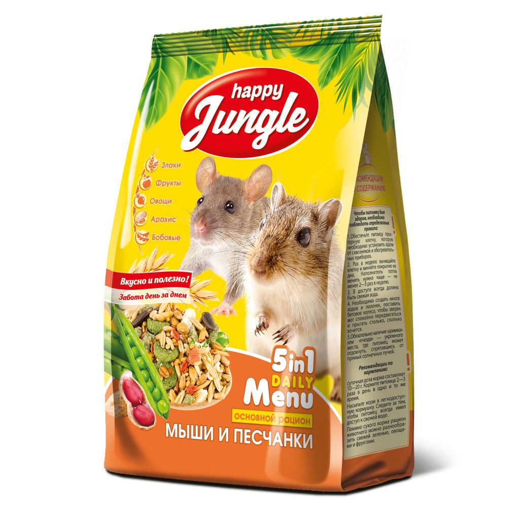 Корм для грызунов HAPPY JUNGLE для мышей и песчанок 400г корм для грызунов happy jungle для шиншилл 900г