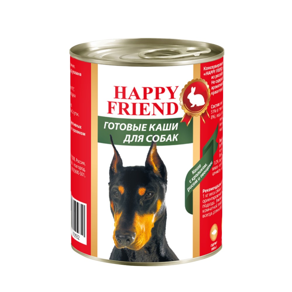 Корм для собак HAPPY FRIEND Каша Мясное ассорти с кроликом рисом и овощами банка 338г 240₽