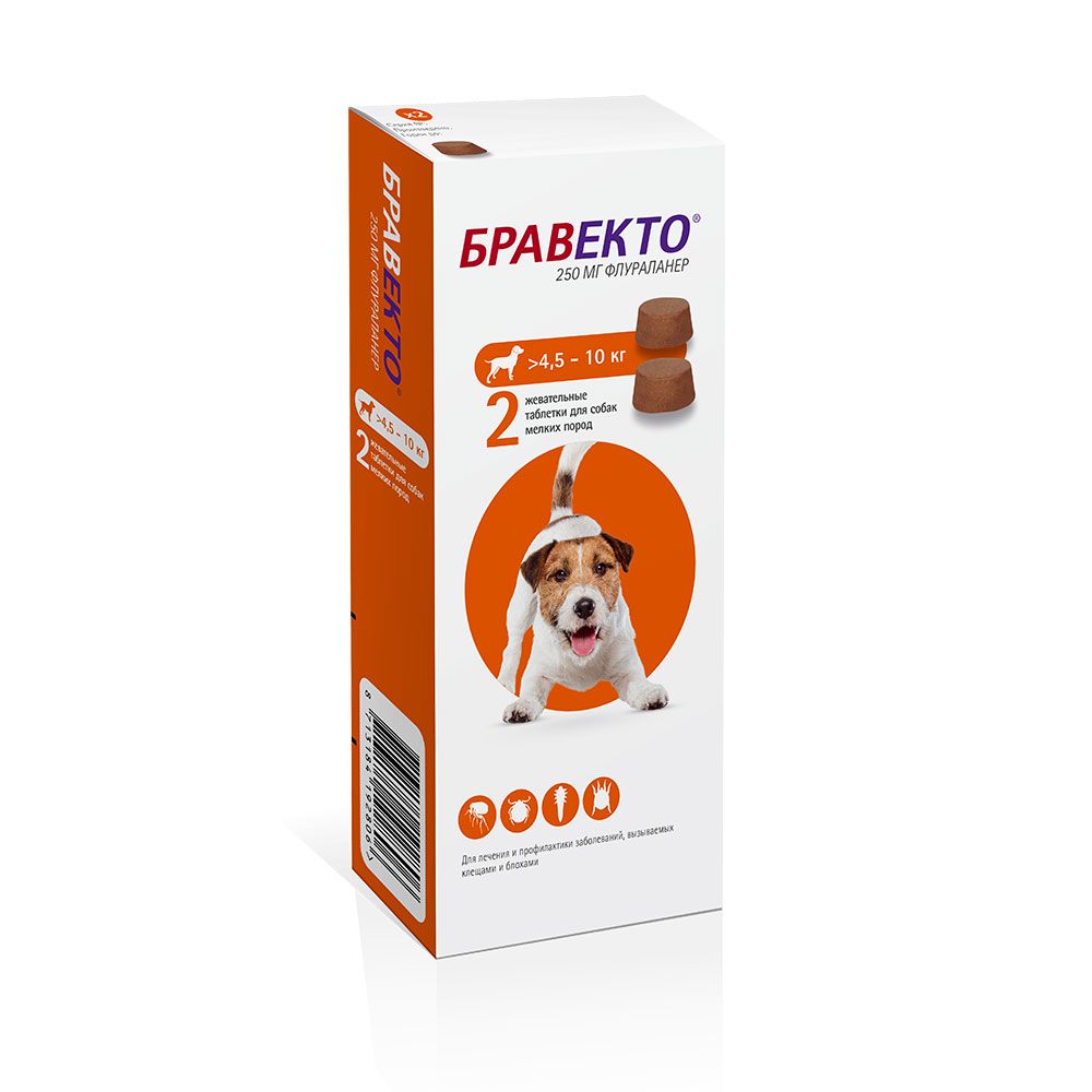 Таблетки для собак INTERVET Бравекто от блох и клещей (4,5-10кг) 250мг 2 таб на 24 нед.