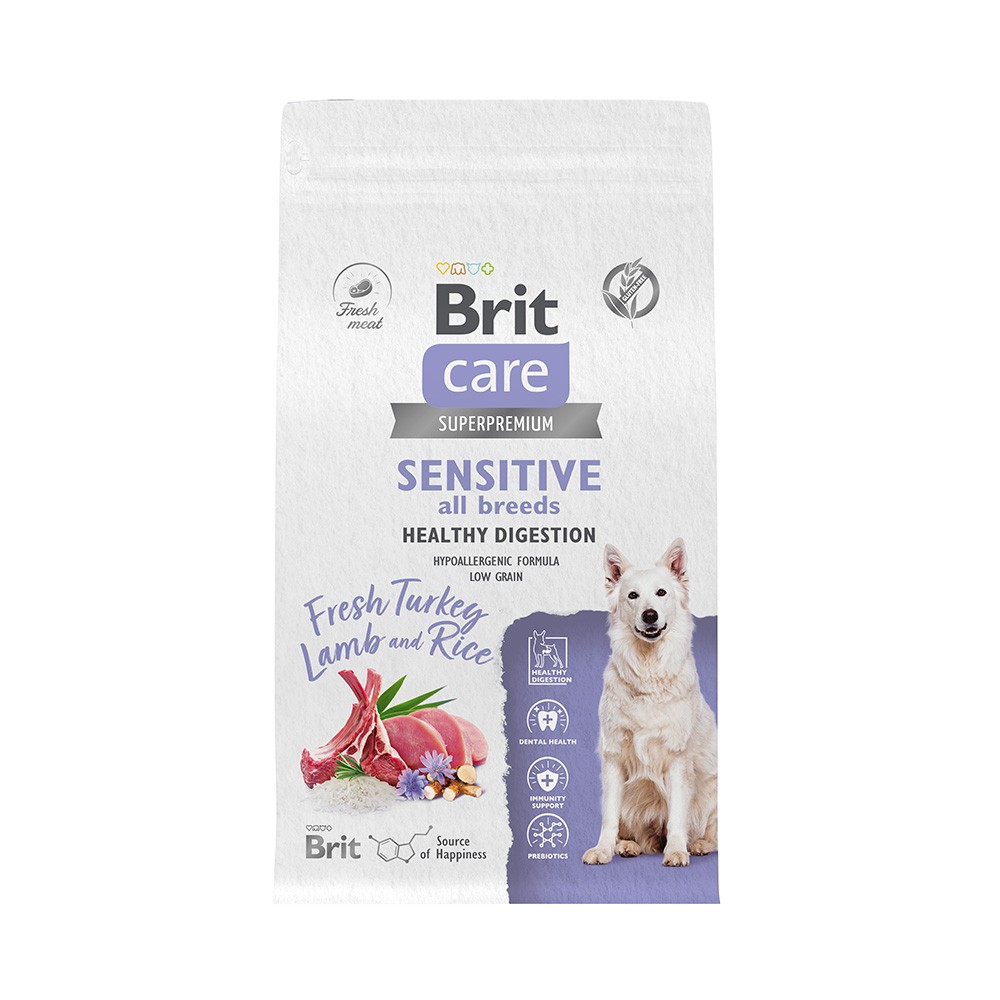 Корм для собак Brit Care Sensitive Healthy Digestion индейка с ягненком сух. 1,5кг healthy pup healthy habit для собак 120 жевательных таблеток 284 г 9 3 унции