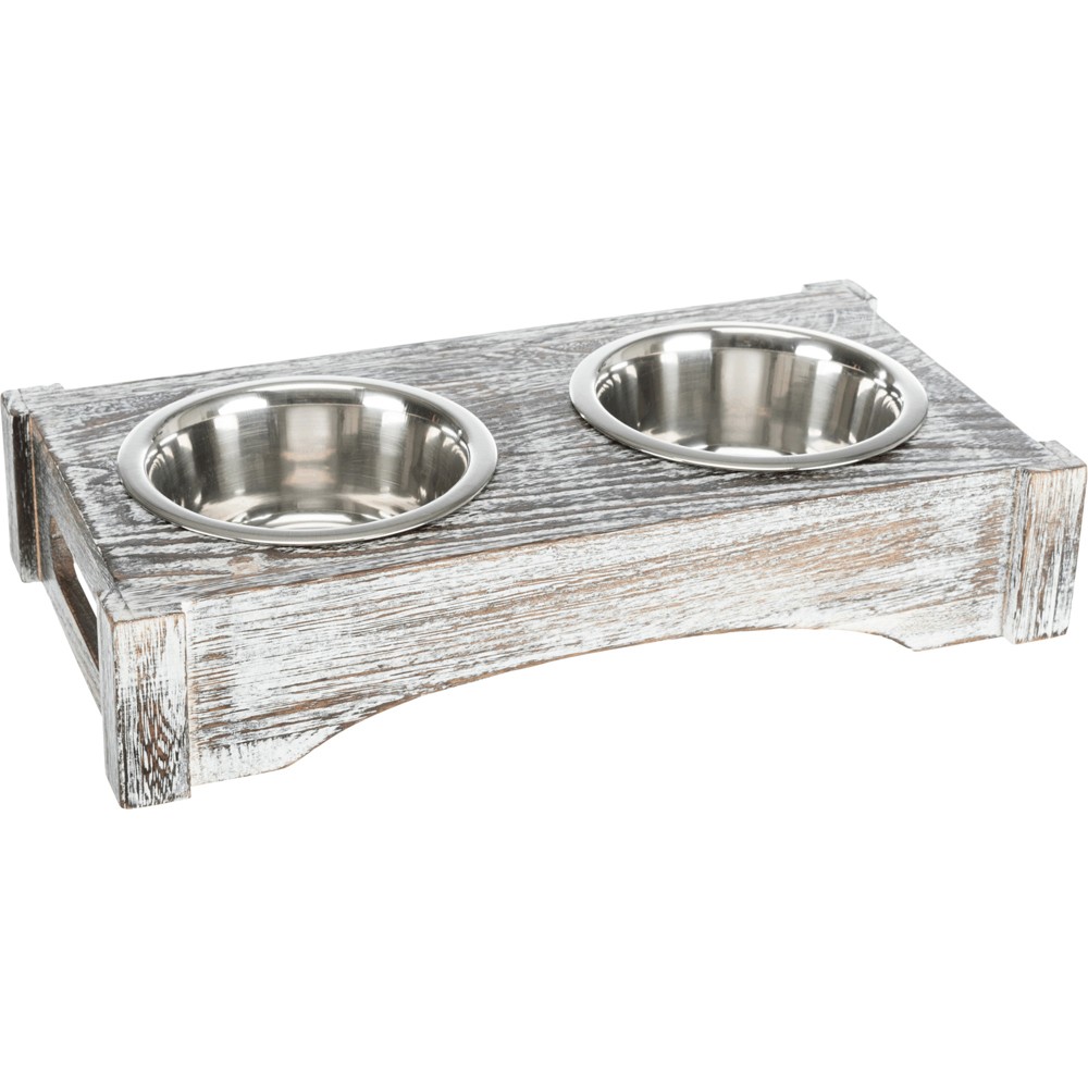 Набор мисок для собак TRIXIE на деревянной подставке сталь, белый, ф 12см, 36х7х19см 2х450мл
