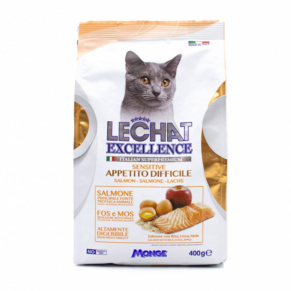 Корм для кошек LECHAT EXCELLENCE Sensitive для чувств.пищеварения, лосось, рис, яйца,яблоки сух.400г