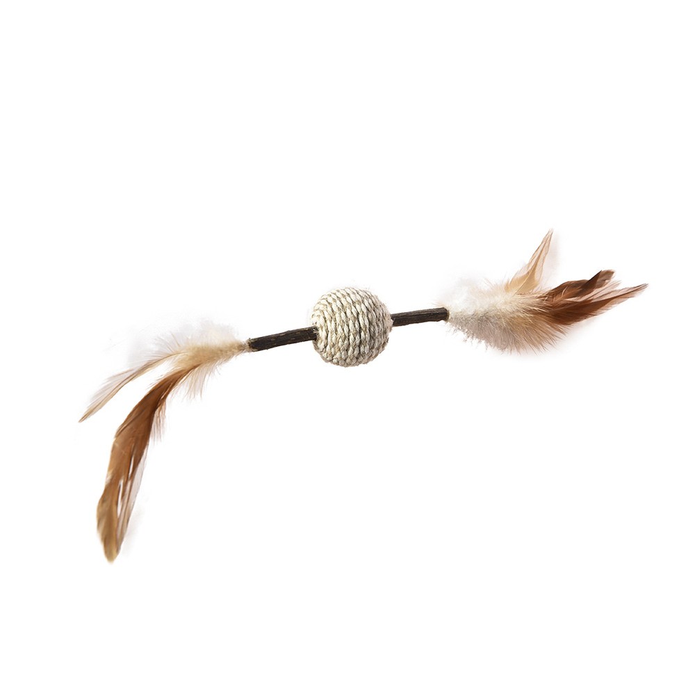 цена Игрушка для кошек Foxie Naturalness Плетеный мячик на палочке с перьями и мататаби 30х4см
