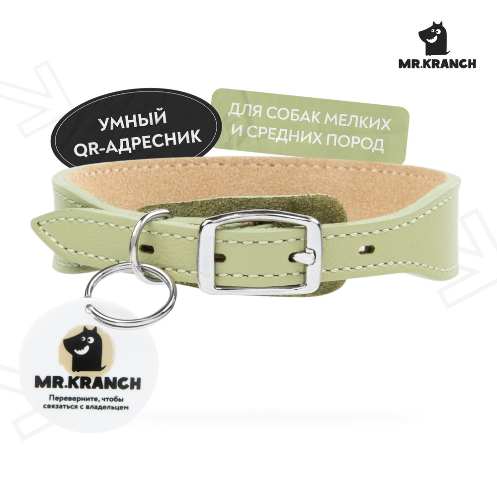 Ошейник для собак MrKranch из натуральной кожи с QR-адресником нежно-зеленый 22-26см 2020₽