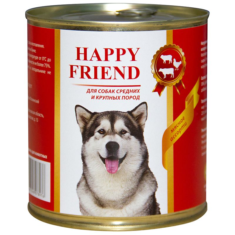 Корм для собак HAPPY FRIEND для средних и крупных пород мясное ассорти банка 750г