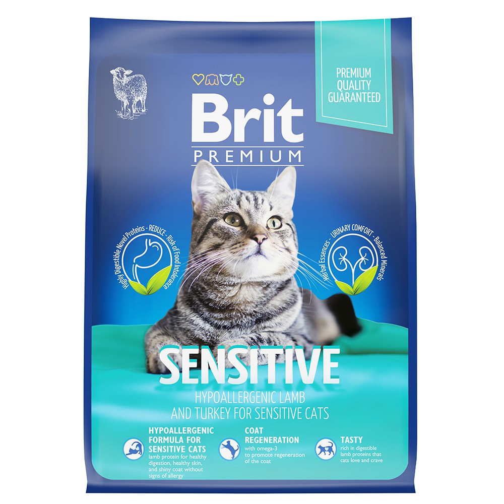 Корм для кошек Brit Premium Cat Sensitive с чувствительным пищеварением, ягненок с индейкой сух. 2кг