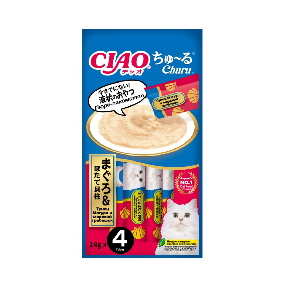 Лакомство для кошек INABA Ciao Churu Тунец Магуро с морским гребешком пюре 14гх4шт 386₽