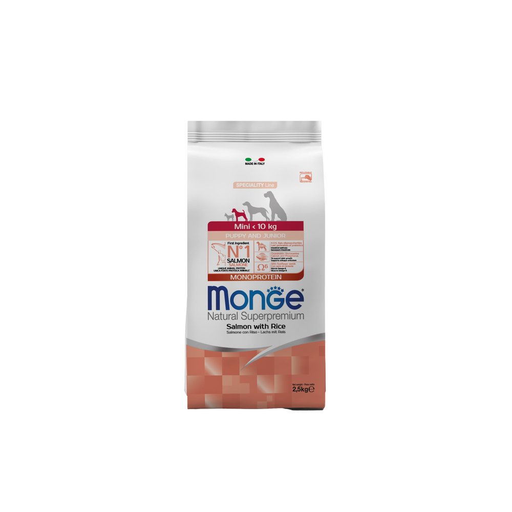 Корм для щенков Monge Dog Speciality Line Monoprotein для мелких пород лосось с рисом сух 25кг 3460₽