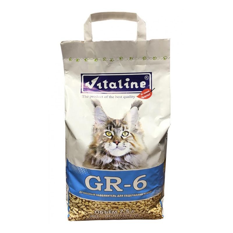 Наполнитель для кошачьего туалета VITALINE GR-6 для крупных кошек древесный, бум-пакет 5кг (7,5л)